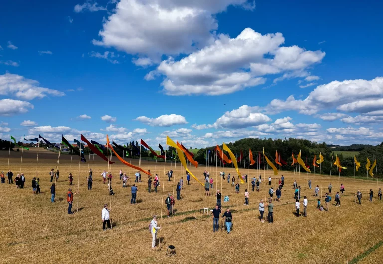 Viele Menschen stehen auf einem Feld und halten Fahnen in der Hand im Zeichen der Demokratie